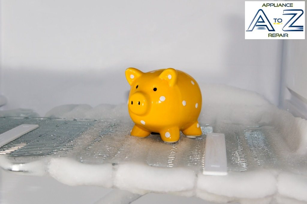 A yellow piggy bank sitting on top of some money.