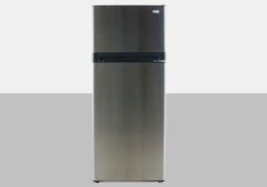 A silver refrigerator with black trim and two doors.